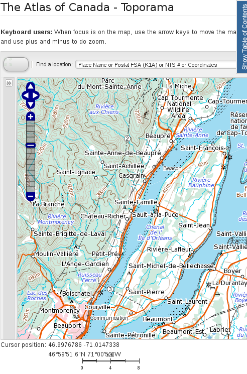 Topographic map north of Quebec City, QC, Canada